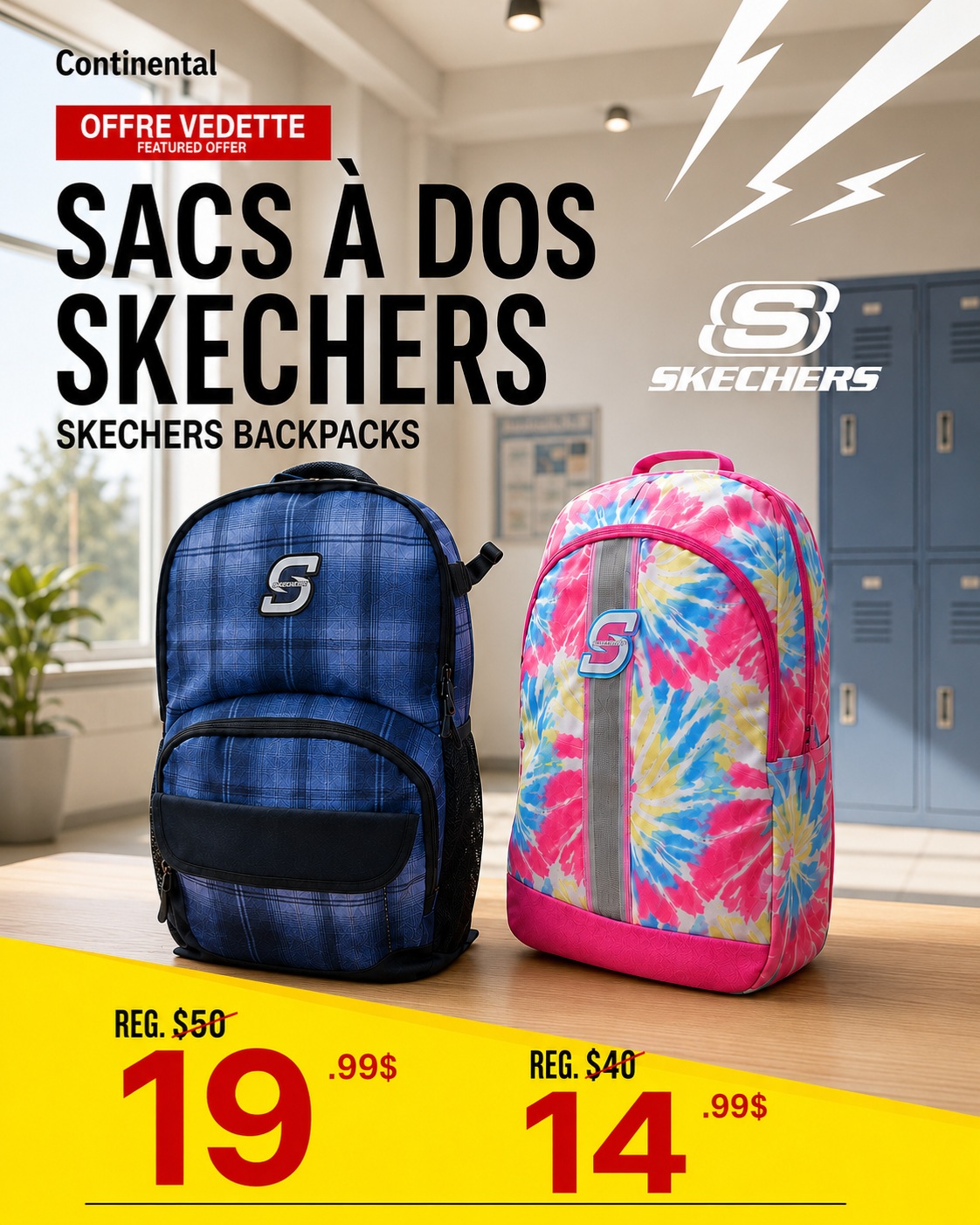 Publication officielle Continental présentant deux sacs à dos Skechers à 19,99 $ et 14,99 $