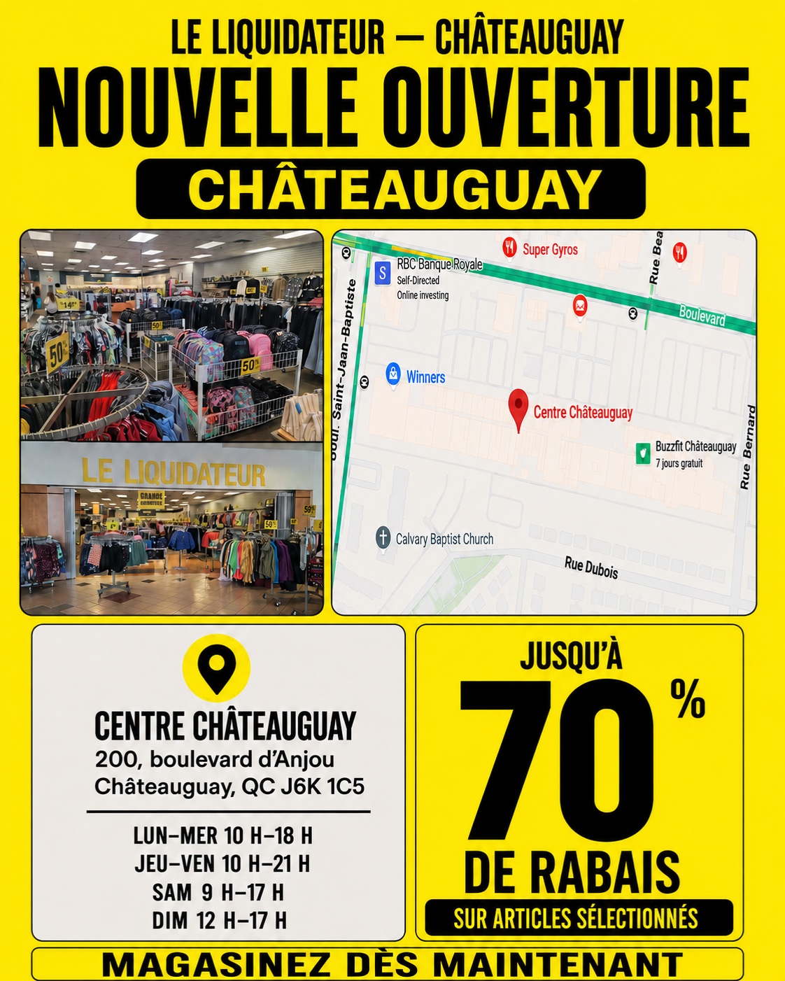 Publication officielle Le Liquidateur annonçant l’ouverture au Centre Châteauguay, avec l’adresse, les heures et jusqu’à 70 % de rabais sur les articles sélectionnés