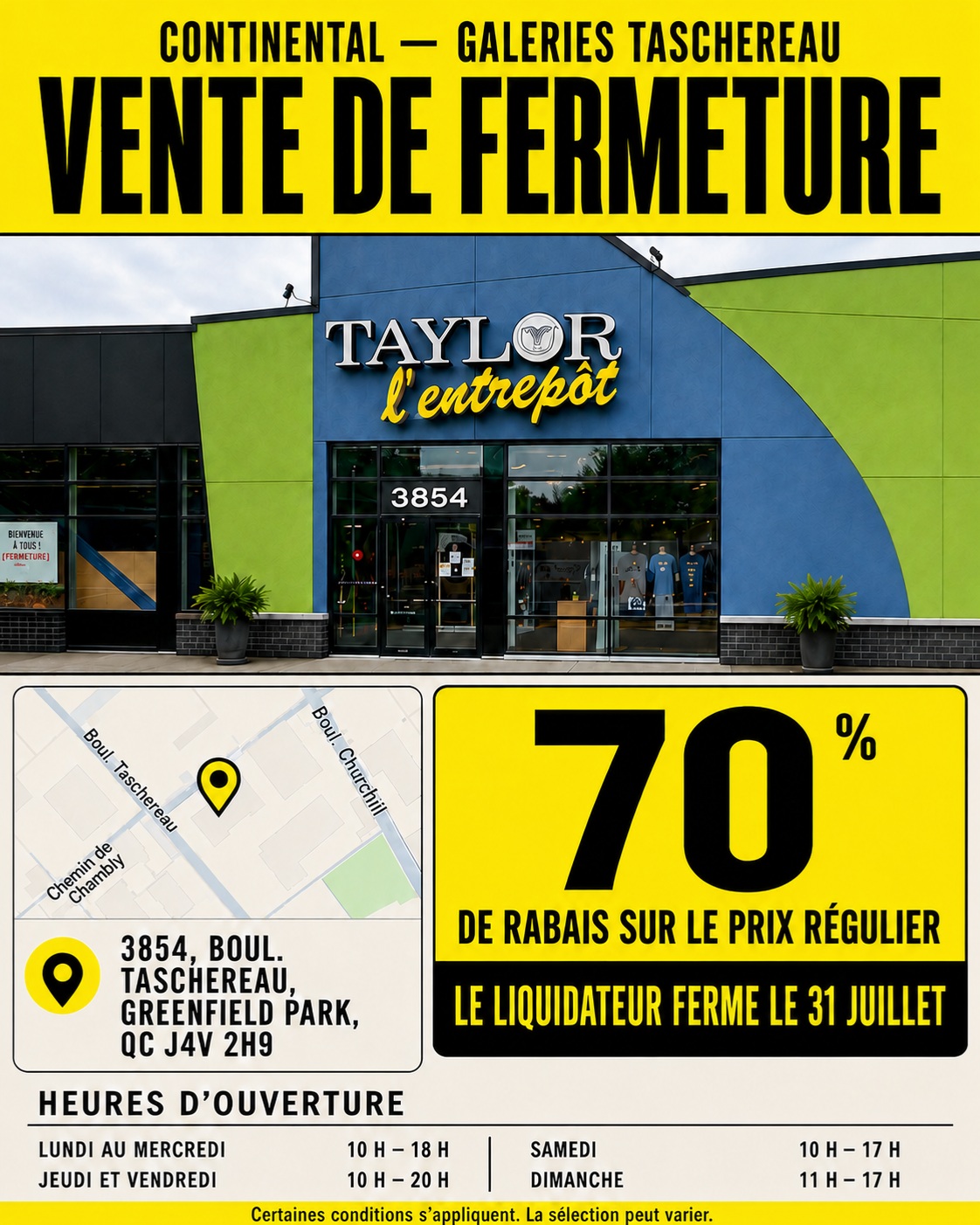 Publication Instagram officielle annonçant que le magasin Le Liquidateur Continental des Galeries Taschereau ferme le 31 juillet, avec 70 % de rabais sur le prix régulier