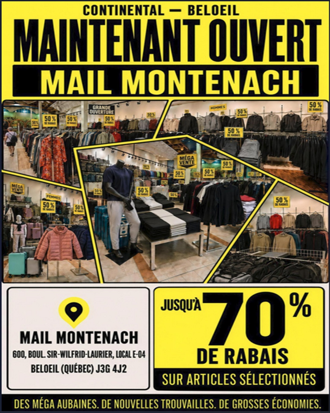 Publication officielle de Continental annonçant l’ouverture du magasin au Mail Montenach à Beloeil et des rabais allant jusqu’à 70 %