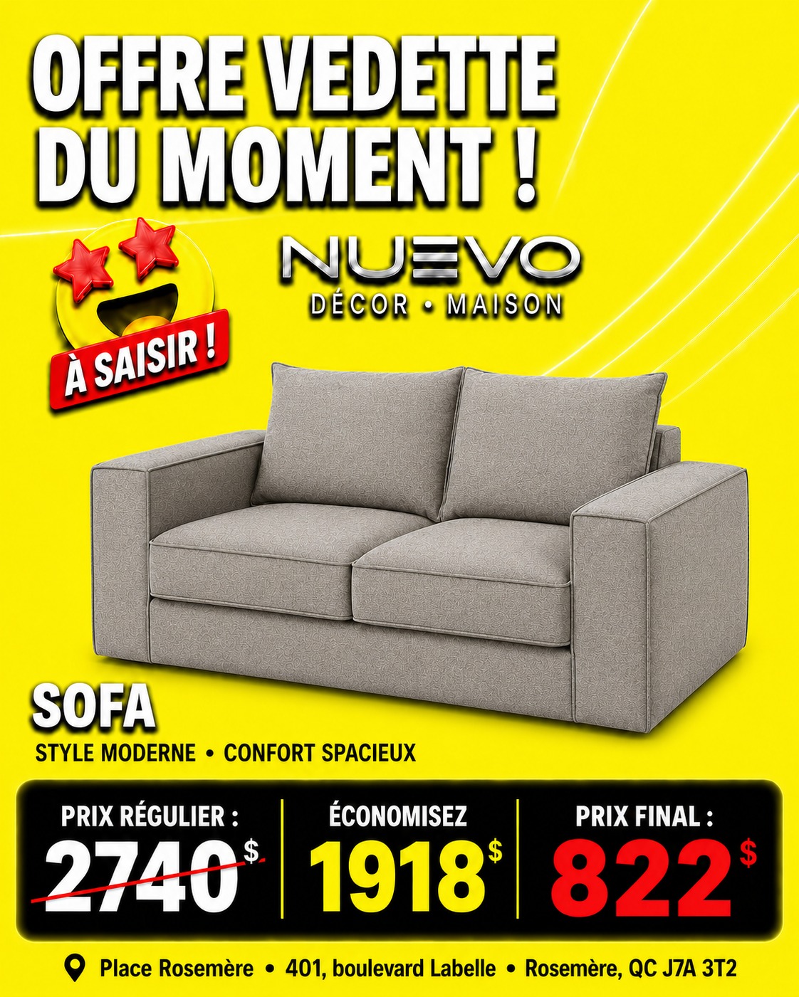 Sofa gris à 822 $ plutôt que 2 740 $ présenté par NUEVO