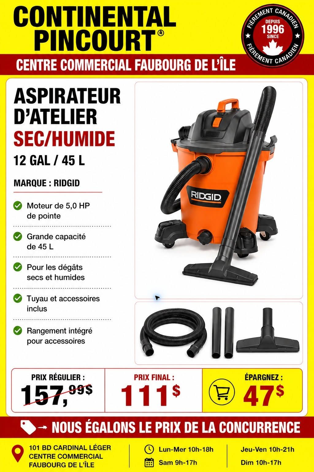 Diseño oficial de Continental Pincourt con una aspiradora para seco y húmedo RIDGID de 45 L a 111 $ en lugar de 157,99 $