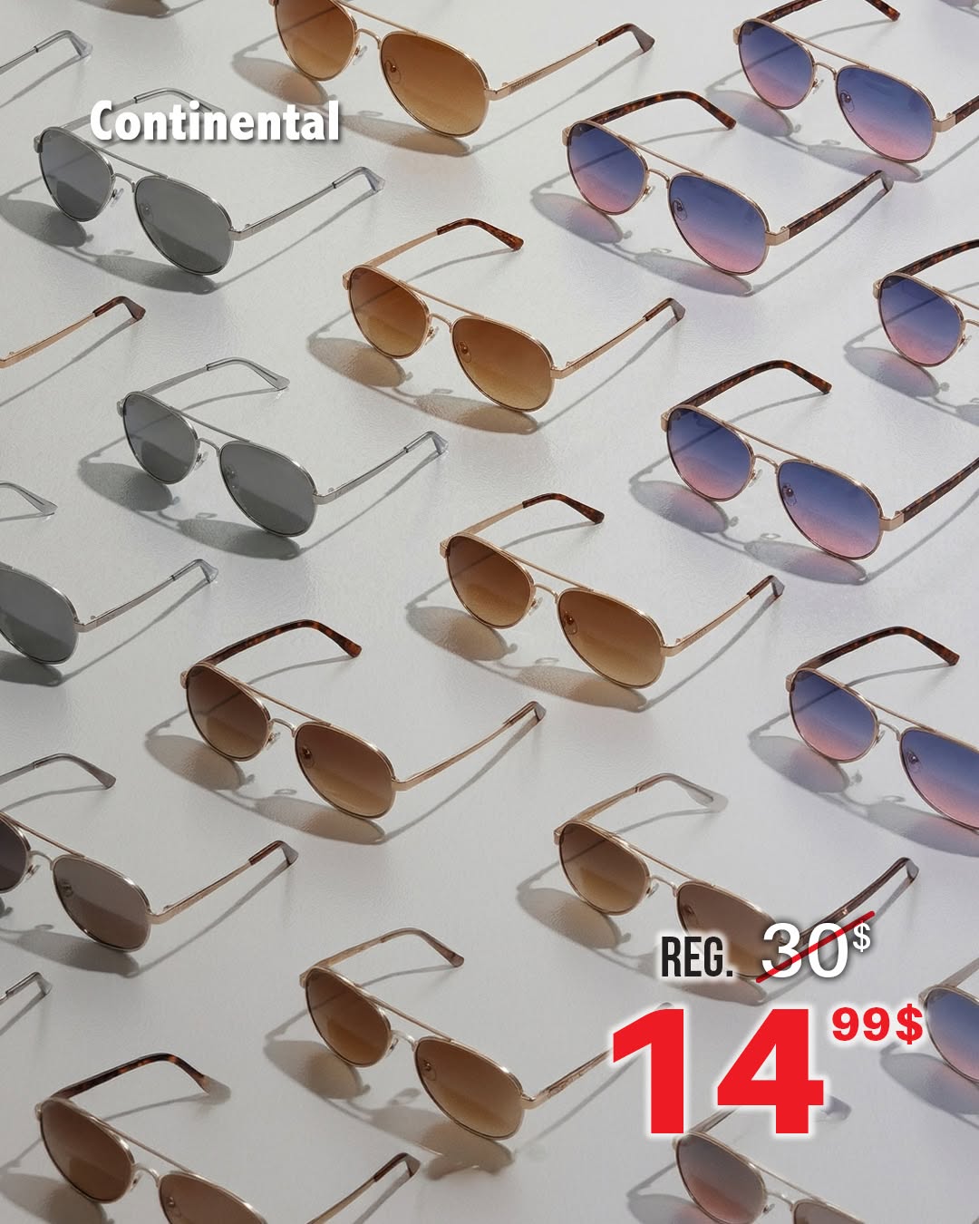 Publication officielle Continental présentant des lunettes de soleil à 14,99 $